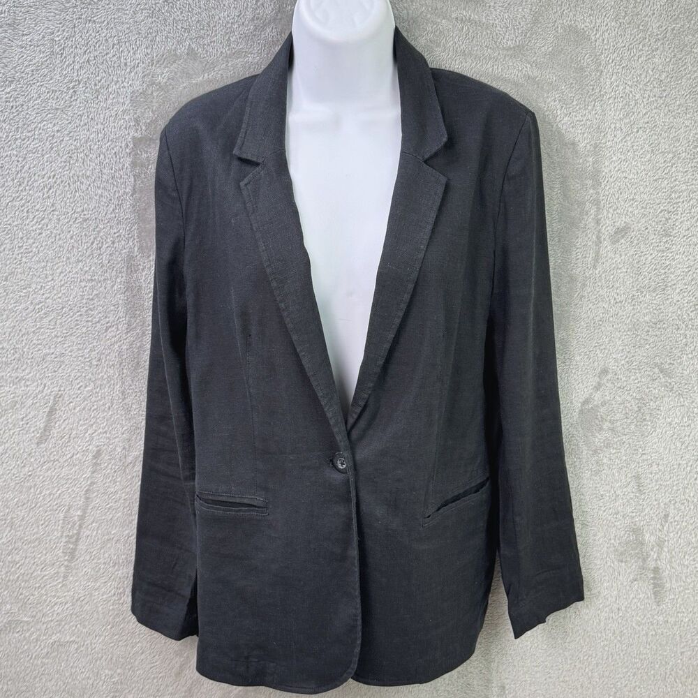 J. Jill Linen Blend Black Blazer Women's PS One Button Relaxed Stretch Pockets